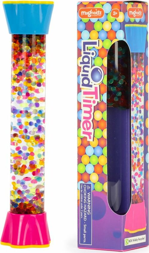 A colorful Liquid Timer by Keycraft, measuring 8 inches tall. It features a clear tube filled with vibrant, floating beads that descend slowly, creating a mesmerizing liquid motion effect. The timer has a bright pink base and a blue top, designed for engaging visual stimulation. Suitable for stress relief and sensory play.