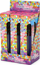 A display of Liquid Timers, each 8 inches tall, featuring vibrant colored spheres and liquid that cascades down the tube. The packaging showcases a playful design with bright colors, suitable for children aged 3 and up.