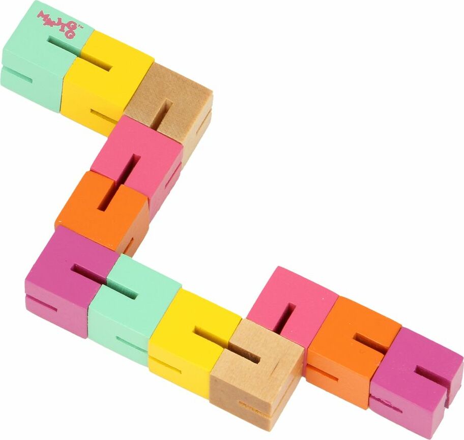 Majigg Twisty Blocks by Keycraft. A colorful arrangement of interlocking blocks in various shapes and colors including pink, yellow, green, and orange. The blocks feature slots for creative assembly, promoting dexterity and problem-solving skills.