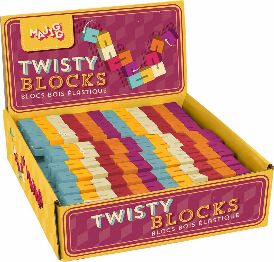 Majigg Twisty Blocks by Keycraft displayed in a cheerful yellow box. The box contains a colorful assortment of interlocking wooden blocks in vibrant shades of blue, orange, purple, and yellow, designed for creative play and dexterity challenges.