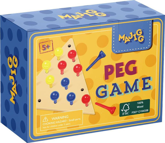 The packaging for the MAjigg Peg Game features a colorful design with pegs in various colors displayed on a wooden triangular board. The box includes a warning about choking hazards and indicates that it is suitable for ages 5 and up, emphasizing its educational and fun aspects.