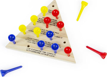 A triangular wooden peg game featuring brightly colored pegs in red, yellow, and blue arranged in a wooden board with instructions. The game promotes logical thinking and problem-solving skills as players aim to remove pegs to leave only one remaining.