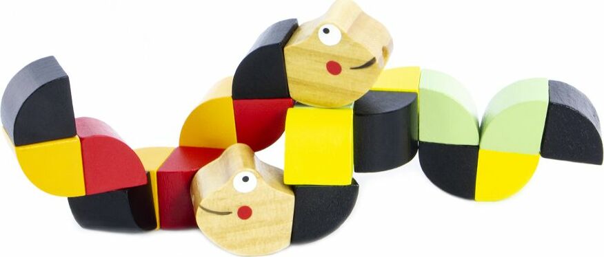 A colorful Majigg Twisty Snake made of varying-shaped wooden segments in bright colors including red, yellow, green, black, and natural wood, featuring playful faces.