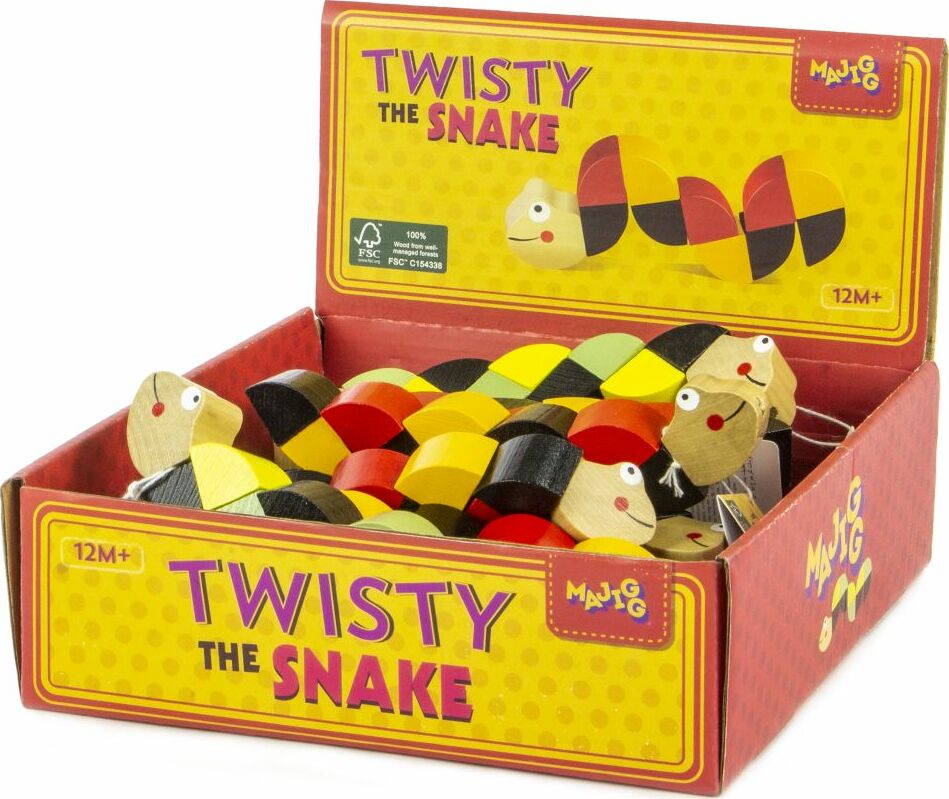 The Majigg Twisty Snake is a colorful mechanical puzzle made up of interlocking wooden segments. It features a variety of bright colors like red, yellow, black, and green, designed to resemble a playful snake. The box displays the product name and is labeled suitable for ages 12 months and up. The puzzle engages children’s fine motor skills and creativity as they twist and turn the segments to create different shapes.