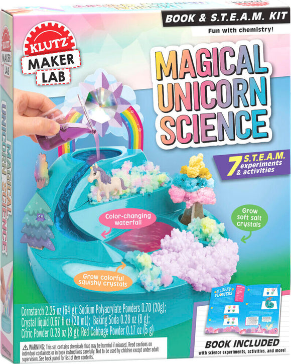 A colorful DIY kit titled 'Magical Unicorn Science' by Klutz. The kit features a vibrant scene including a unicorn, colorful squishy crystals, a color-changing waterfall, and various science experiment components. It invites users to explore 7 STEAM activities with illustrated instructions in a booklet.