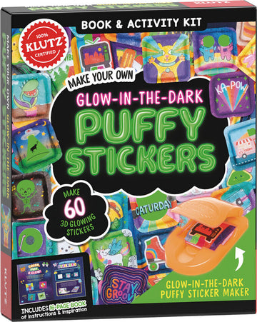Klutz Make Your Own Glow-In-The-Dark Puffy Stickers kit featuring a colorful box with images of puffy stickers and a small sticker maker. The kit includes materials to create 60 glowing, 3D stickers and a 16-page instruction book for crafting fun designs.