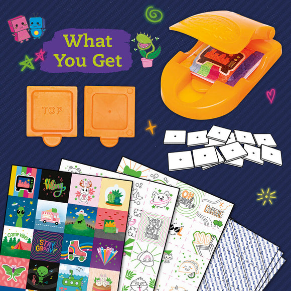 Klutz Make Your Own Glow-In-The-Dark DIY kit featuring a colorful compact press, multiple sheets of fun designs, and blank tiles to create custom glow-in-the-dark art. Ideal for creative kids to experience hands-on crafting.