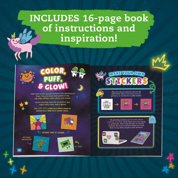 A vibrant page from the Klutz 'Make Your Own Glow-In-The-Dark' DIY kit. It shows colorful illustrations and instructions on how to color, create stickers, and a 16-page guide filled with inspiration. The layout features playful images including a unicorn, aliens, and various art ideas to decorate your own glowing stickers.