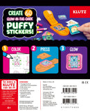Klutz Make Your Own Glow-In-The-Dark Puffy Stickers kit featuring colorful markers, a pressing tool, and several sticker designs. The kit allows users to create 60 custom glow-in-the-dark stickers through a simple three-step process: color, press, and glow. Each sticker design showcases vibrant illustrations, ideal for creative activities.