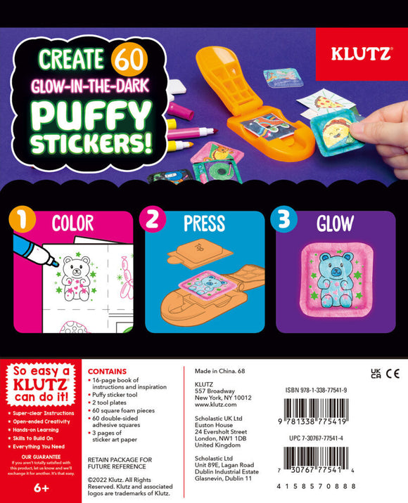 Klutz Make Your Own Glow-In-The-Dark Puffy Stickers kit featuring colorful markers, a pressing tool, and several sticker designs. The kit allows users to create 60 custom glow-in-the-dark stickers through a simple three-step process: color, press, and glow. Each sticker design showcases vibrant illustrations, ideal for creative activities.