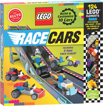 Klutz Lego Race Cars DIY kit includes 124 colorful LEGO elements to build and customize 10 unique race cars. Features a 3-foot race track for competitive fun, ideal for children aged 7 and above.