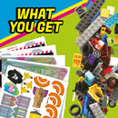 A vibrant collection of Lego bricks, wheels, and decorative stickers from the Klutz Lego Race Cars DIY kit. Displayed are colorful pieces and detailed instruction sheets that showcase various racing designs. The background features bold colors highlighting the fun and creativity of building unique race cars.