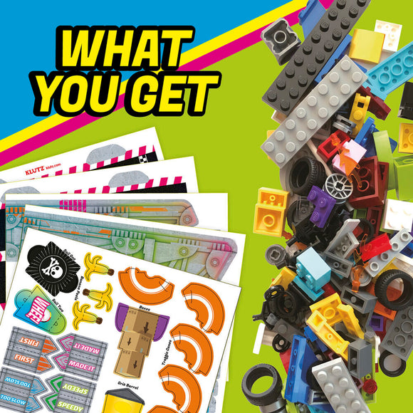 A vibrant collection of Lego bricks, wheels, and decorative stickers from the Klutz Lego Race Cars DIY kit. Displayed are colorful pieces and detailed instruction sheets that showcase various racing designs. The background features bold colors highlighting the fun and creativity of building unique race cars.