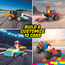 A vibrant image showcasing Klutz Lego Race Cars DIY kit. The image features four custom-built Lego race cars in various colors and designs, each showcasing unique features like flames and distinct designs. The backdrop includes racing tracks and various environments, emphasizing creativity and fun in building and customizing race cars.