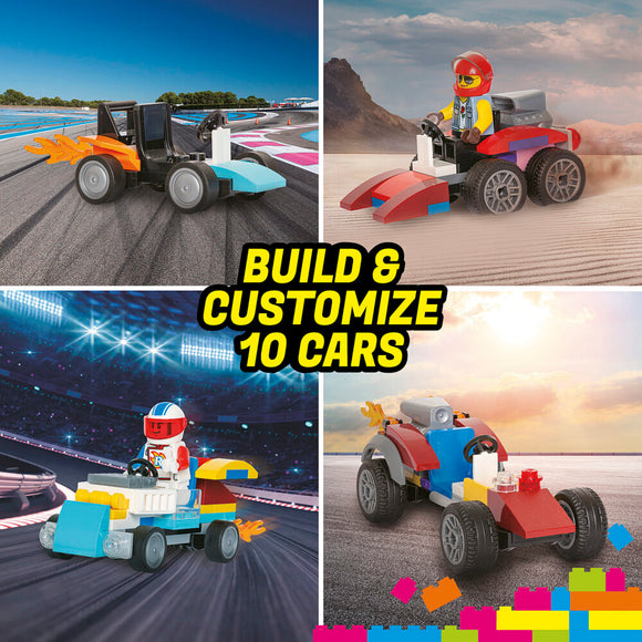 A vibrant image showcasing Klutz Lego Race Cars DIY kit. The image features four custom-built Lego race cars in various colors and designs, each showcasing unique features like flames and distinct designs. The backdrop includes racing tracks and various environments, emphasizing creativity and fun in building and customizing race cars.