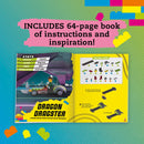 A colorful instructional page from the Lego Race Cars DIY kit by Klutz, showcasing the 'Dragon Dragster' with illustrations and components needed for assembly. The left side displays a character driving the drag racer and key stats like weight and tire type. The right side outlines the assembly instructions and necessary pieces for building.
