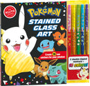 Klutz Pokemon Stained Glass Art DIY kit featuring colorful Pokémon characters like Pikachu, Squirtle, Charmander, Eevee, and Bulbasaur. The kit includes 5 double-tipped markers in various colors to create 18 sun catchers for windows.