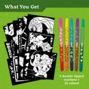 Klutz Pokemon Stained Glass Art DIY kit featuring multiple black and white illustration cards of popular Pokémon characters like Pikachu and Charmander. Included are five double-tipped markers in bright colors for crafting unique stained glass art.