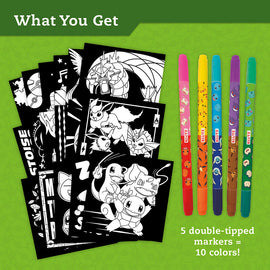 Klutz Pokemon Stained Glass Art DIY kit featuring multiple black and white illustration cards of popular Pokémon characters like Pikachu and Charmander. Included are five double-tipped markers in bright colors for crafting unique stained glass art.