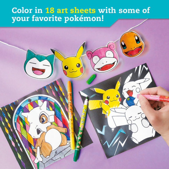 A hand coloring Pokémon themed art sheets with a vibrant design. The image features Snorlax, Pikachu, Slowpoke, and Charmander cutouts displaying colorful faces. There are various colored pens scattered around alongside completed Pokémon art, such as a stained-glass style Cubone. The set includes 18 art sheets for coloring and creative fun.