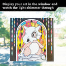 An illustration of a Pokemon character against a colorful stained glass window design, showcasing vibrant colors that allow light to shimmer through. The design features a cartoon-like character with a distinctive skull-style head and a rounded body, ideal for creative display.