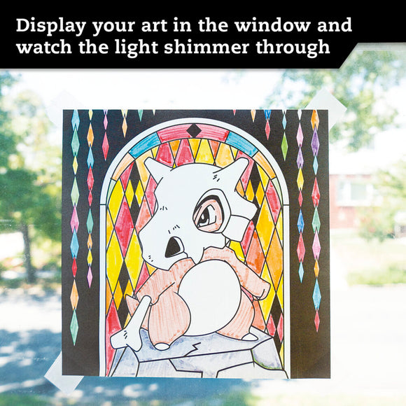 An illustration of a Pokemon character against a colorful stained glass window design, showcasing vibrant colors that allow light to shimmer through. The design features a cartoon-like character with a distinctive skull-style head and a rounded body, ideal for creative display.