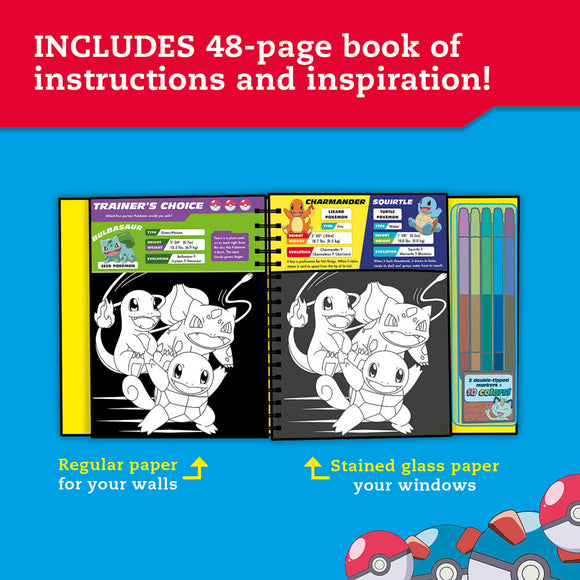 Klutz Pokémon Stained Glass Art DIY kit featuring a 48-page instruction book. The kit includes regular paper for wall art and stained glass paper for window decorations, along with vibrant coloring tools.