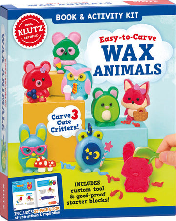 Easy-to-Carve Wax Animals kit by Klutz featuring colorful wax figurines including a bear, owl, mouse, frog, and unicorn. The kit includes a tool and starter blocks for carving, along with a 32-page instruction book.