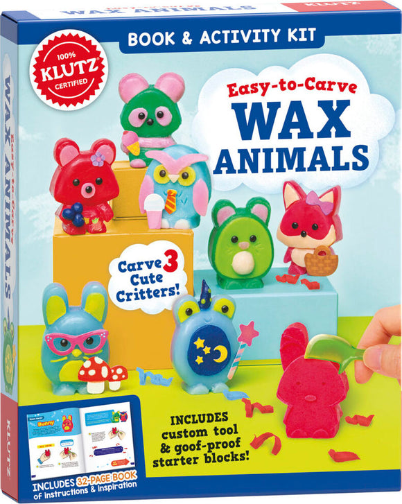 Easy-to-Carve Wax Animals kit by Klutz featuring colorful wax figurines including a bear, owl, mouse, frog, and unicorn. The kit includes a tool and starter blocks for carving, along with a 32-page instruction book.