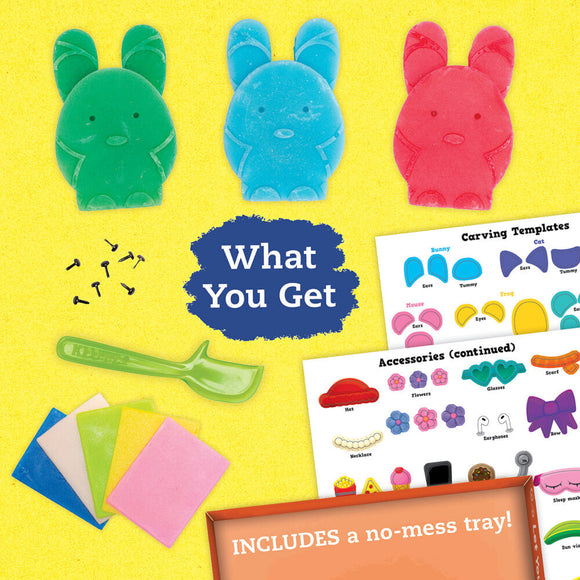 A vibrant collection of Easy-to-Carve Wax Animals featuring three colorful wax animal shapes in blue, green, and red. The image also displays additional carving tools including a green scoop, sheets of pastel-colored wax, and printed templates showcasing various animal designs and accessories. Everything is set against a bright yellow background, highlighted by text stating, 'What You Get', emphasizing the included no-mess tray.