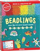 Beadlings Klutz Kit by Klutz, featuring colorful beads to create 24 tiny bead charms. The box showcases a variety of completed designs including flowers, animals, and food items, alongside a 52-page instructional book that provides inspiration and guidance for crafting. The vibrant backdrop highlights the fun and creativity this DIY kit offers for all ages.