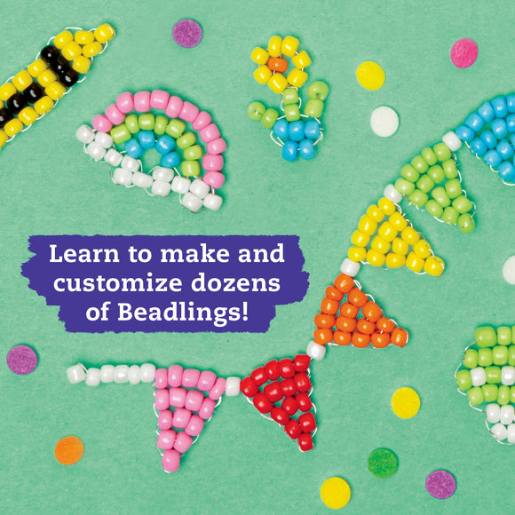 The Beadlings Klutz Kit by Klutz showcases colorful beads arranged into various shapes, including flowers and rainbows. A banner of beads in vibrant colors is displayed at the bottom. The background is a playful green, and a bold text overlay reads, 'Learn to make and customize dozens of Beadlings!' This DIY kit invites creativity and hands-on crafting.
