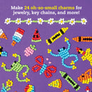 The Beadlings Klutz Kit showcases vibrant, colorful bead charms arranged on a purple background. The kit enables users to create 24 delightful mini charms, including flowers, animals, and fun shapes, perfect for jewelry, key chains, and more, promoting creativity and hands-on crafting skills.