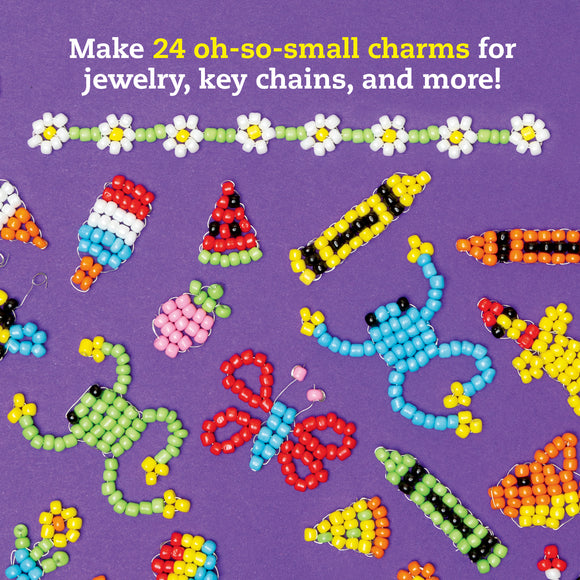The Beadlings Klutz Kit showcases vibrant, colorful bead charms arranged on a purple background. The kit enables users to create 24 delightful mini charms, including flowers, animals, and fun shapes, perfect for jewelry, key chains, and more, promoting creativity and hands-on crafting skills.