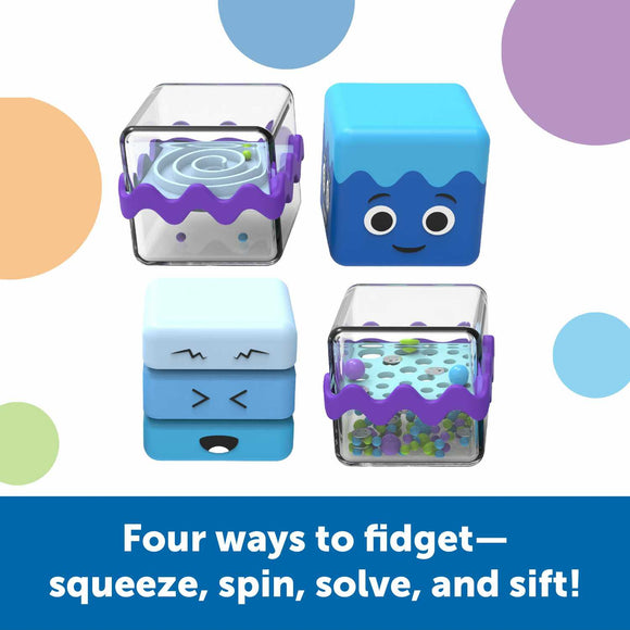Colorful Cool Down Cubes Sensory Fidget from Learning Resources. These sensory cubes promote relaxation and focus, featuring various textures and activities like squeezing, spinning, and solving puzzles. Ideal for both children and adults seeking sensory stimulation.