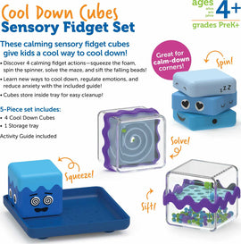 Cool Down Cubes Sensory Fidget Set featuring four colorful cubes designed for calming sensory play. The cubes include features to squeeze, spin, solve, and sift, and come with a storage tray for easy cleanup. Includes an activity guide for emotional regulation and stress relief.