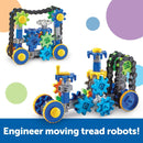 An engaging DIY building kit featuring colorful interlocking gears and wheels designed to create moving tread robots. The kit includes blue, green, yellow, and grey pieces, showcasing a variety of construction possibilities for young engineers.