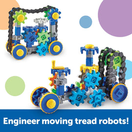 An engaging DIY building kit featuring colorful interlocking gears and wheels designed to create moving tread robots. The kit includes blue, green, yellow, and grey pieces, showcasing a variety of construction possibilities for young engineers.