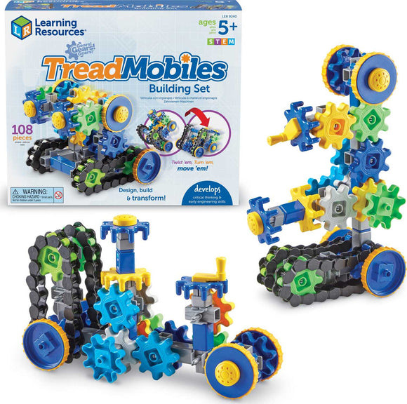 Colorful Gears!Gears!Gears! Treadmobile building set by Learning Resources, featuring 108 pieces including various gears, wheels, and connectors. Ideal for design, construction, and STEM learning.