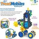 Gears! Gears! Gears! Treadmobile building set from Learning Resources. Features colorful interlocking gears and tracks with wheels for creating moving structures. Includes 108 interchangeable pieces designed for STEM learning and creative play. Suitable for ages 5 and up, encouraging design and engineering skills. Showcases two different models built from the set.