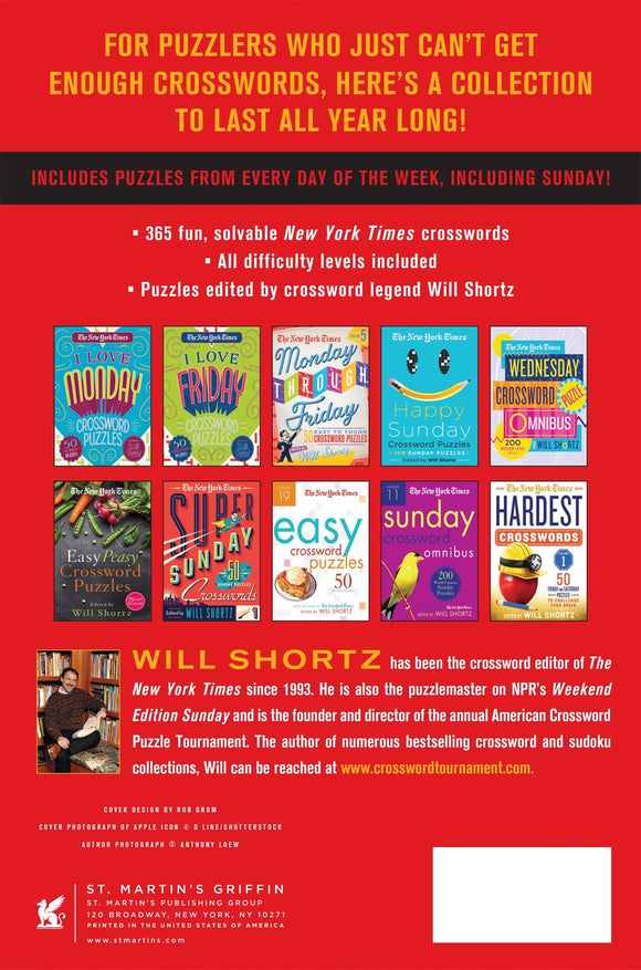 A collection of New York Times crossword puzzles designed for year-round enjoyment, featuring 365 solvable puzzles edited by Will Shortz. The cover showcases various themed crossword books suitable for all difficulty levels, emphasizing weekly and Sunday puzzles.