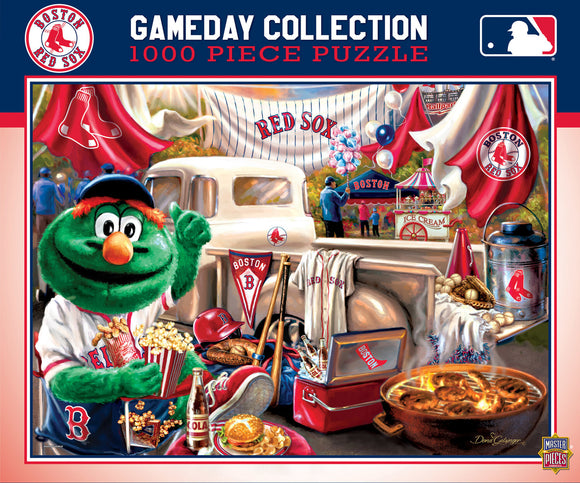A vibrant 1000-piece jigsaw puzzle featuring the Boston Red Sox Gameday scene. The illustration includes a cheerful green mascot munching on popcorn, surrounded by baseball memorabilia like jerseys, bats, and gear, with festive tents and snacks in a lively ballpark setting.