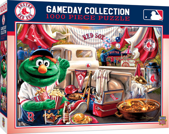Boston Red Sox Gameday jigsaw puzzle featuring a vibrant scene with the team's iconic mascot, Fenway Park imagery, and gameday snacks. The design includes elements like a truck, popcorn, baseball bats, and team logos, capturing the excitement of a baseball game.