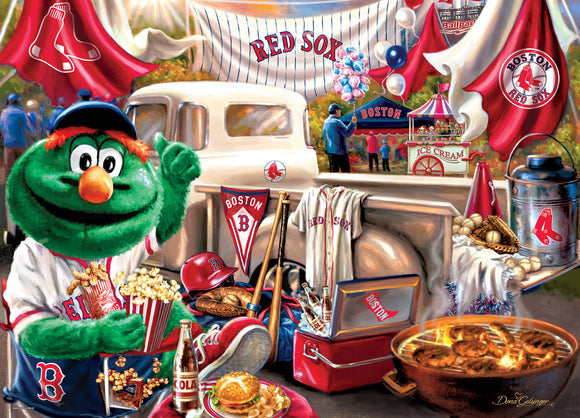 A vibrant illustration of Boston Red Sox themed gameday scene featuring the Red Sox mascot. The background has flags, food items like popcorn and hamburgers, baseball equipment, and ice cream. A festive atmosphere with fans enjoying the game.