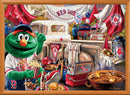 MasterPieces Boston Red Sox Gameday jigsaw puzzle featuring the Red Sox mascot, a bustling ballpark scene with fans, ice cream carts, and baseball gear, all surrounded by vibrant team colors.
