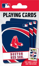 A pack of Boston Red Sox playing cards by MasterPieces. The front displays the team logo and features colorful designs, perfect for fans and card game enthusiasts.