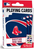 A pack of Boston Red Sox playing cards by MasterPieces featuring a bold blue design with the iconic Red Sox logo. The pack includes face cards and jokers adorned with team-themed graphics, perfect for fans and collectors alike.