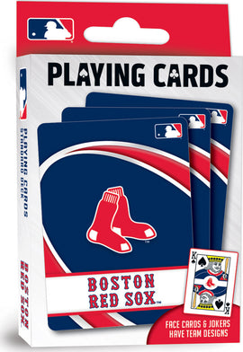 A pack of Boston Red Sox playing cards by MasterPieces featuring a bold blue design with the iconic Red Sox logo. The pack includes face cards and jokers adorned with team-themed graphics, perfect for fans and collectors alike.