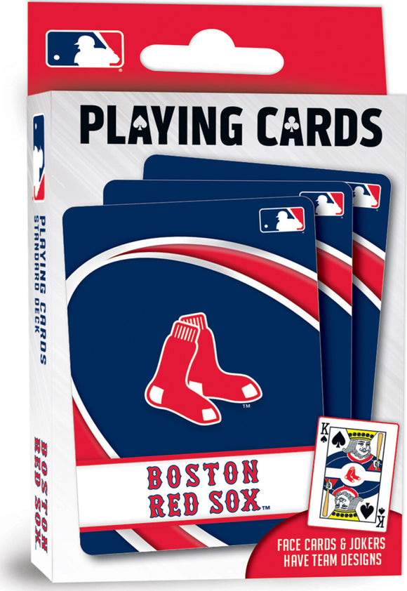 A pack of Boston Red Sox playing cards by MasterPieces featuring a bold blue design with the iconic Red Sox logo. The pack includes face cards and jokers adorned with team-themed graphics, perfect for fans and collectors alike.