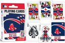A deck of Boston Red Sox playing cards by MasterPieces. The pack features a vibrant blue and red design with the iconic Red Sox logo. The face cards and jokers are uniquely illustrated with team-themed designs, showcasing a mix of baseball elements and traditional card motifs. Perfect for fans and gamers alike.
